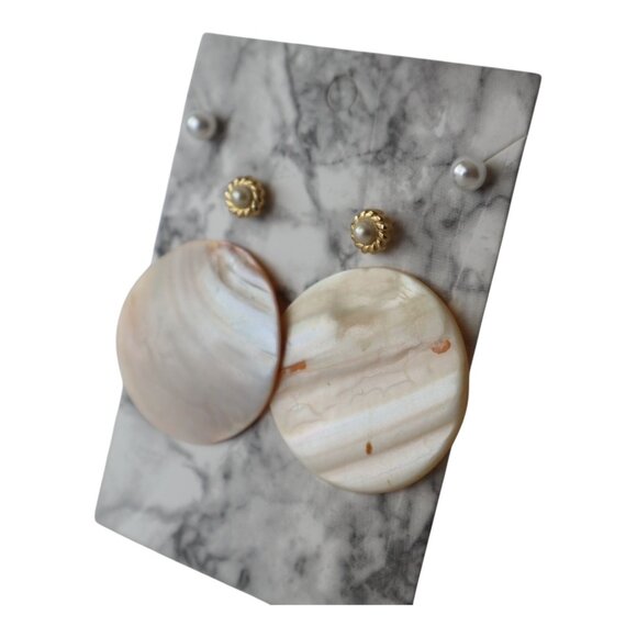 Mother Of Pearl Statement Earrings With Gold-Tone Accents & Pearl Studs - Picture 2 of 3